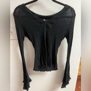 Free People Black Flowy Long Sleeve Top with Ruffle Edge Size S